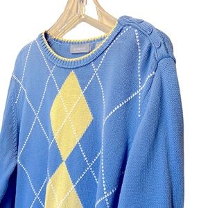 LIZ CLAIBORNE Argyle Sweater~Baby Blue/Yellow~2X